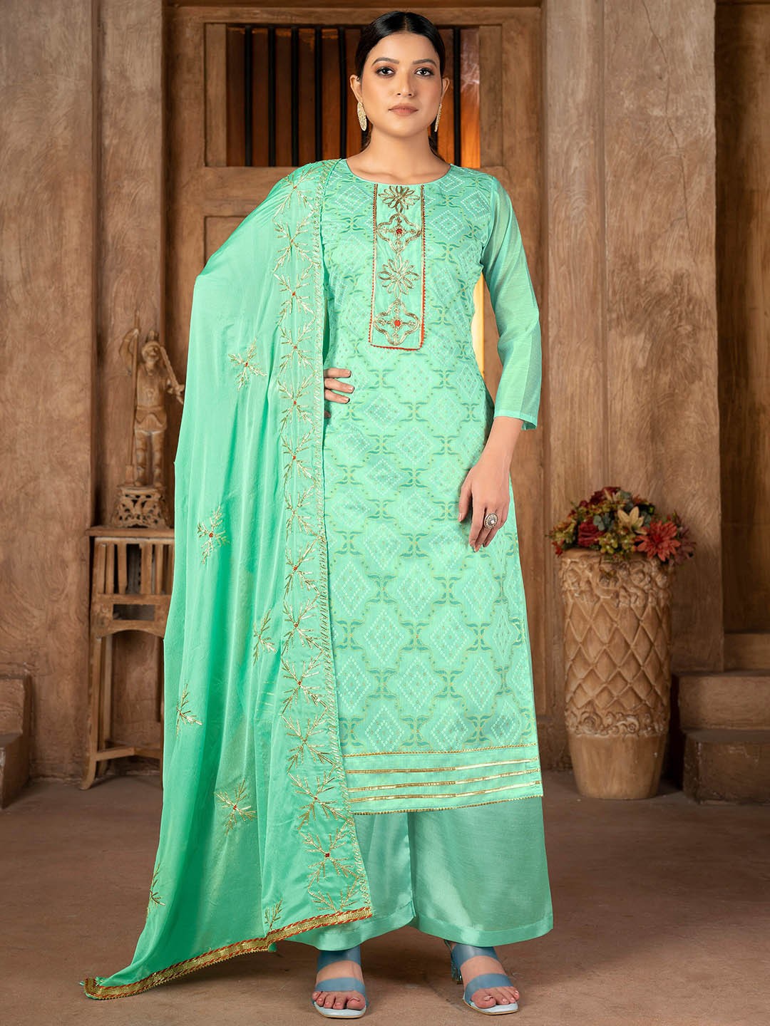 

KALINI Ethnic Motifs Printed Gotta Patti Unstitched Dress Material, Green