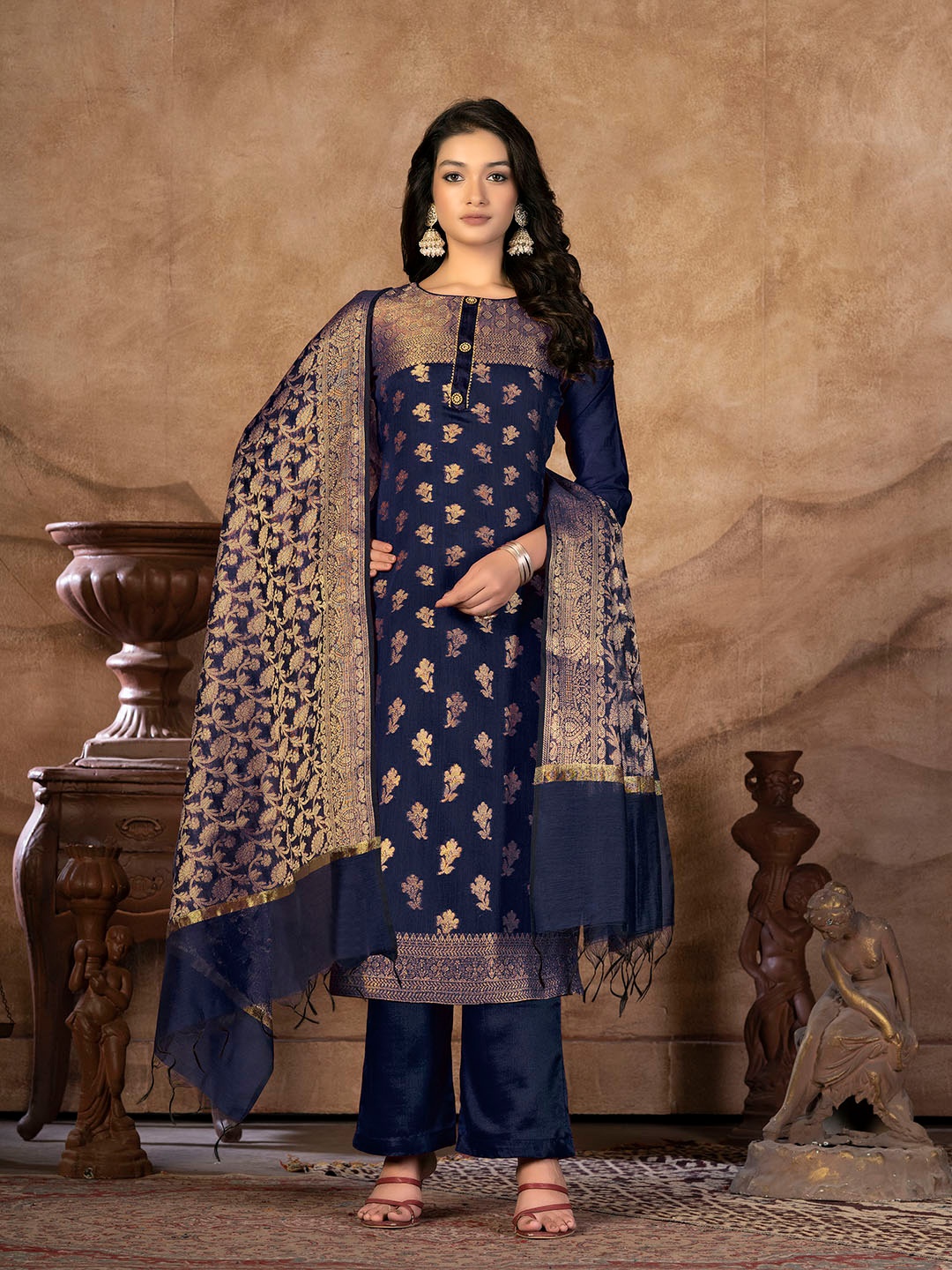 

KALINI Floral Woven Design Zari Unstitched Dress Material, Blue