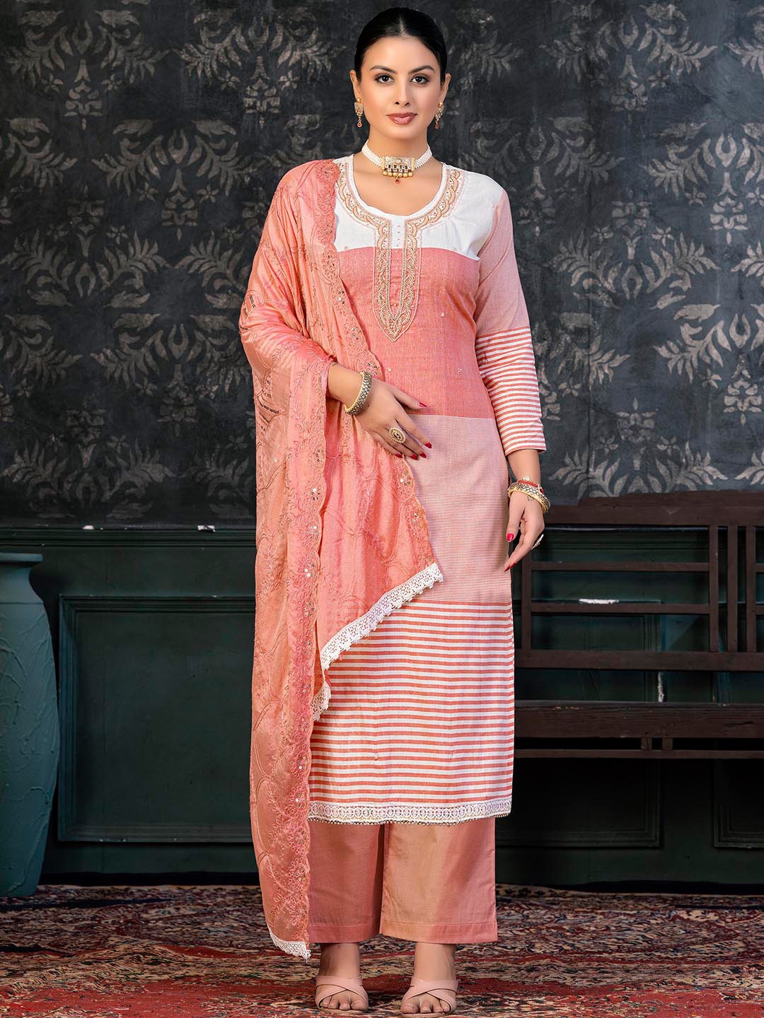

KALINI Striped Beads and Stones Unstitched Dress Material, Peach