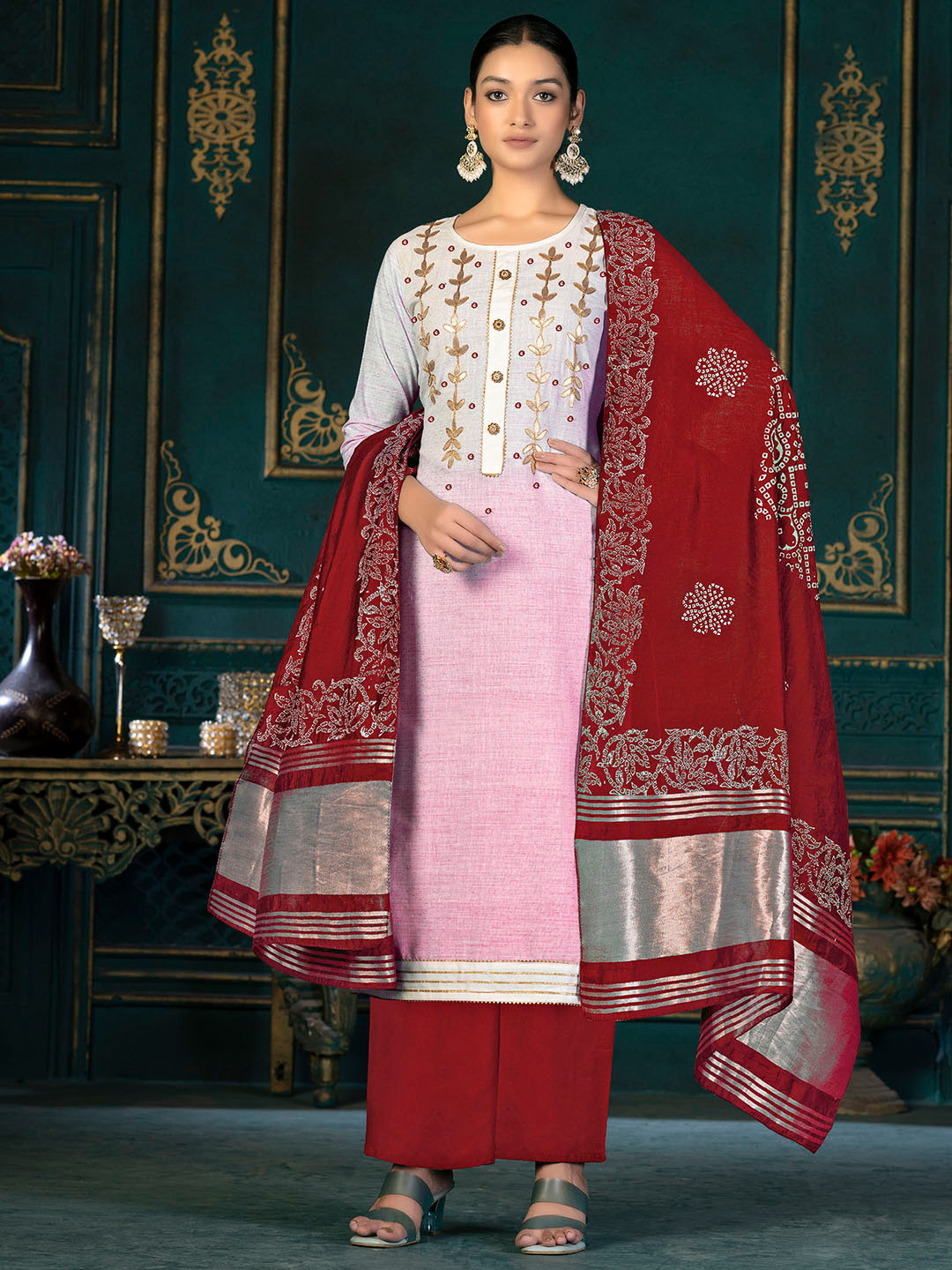 

KALINI Floral Embroidered Mirror Work Unstitched Dress Material, Pink