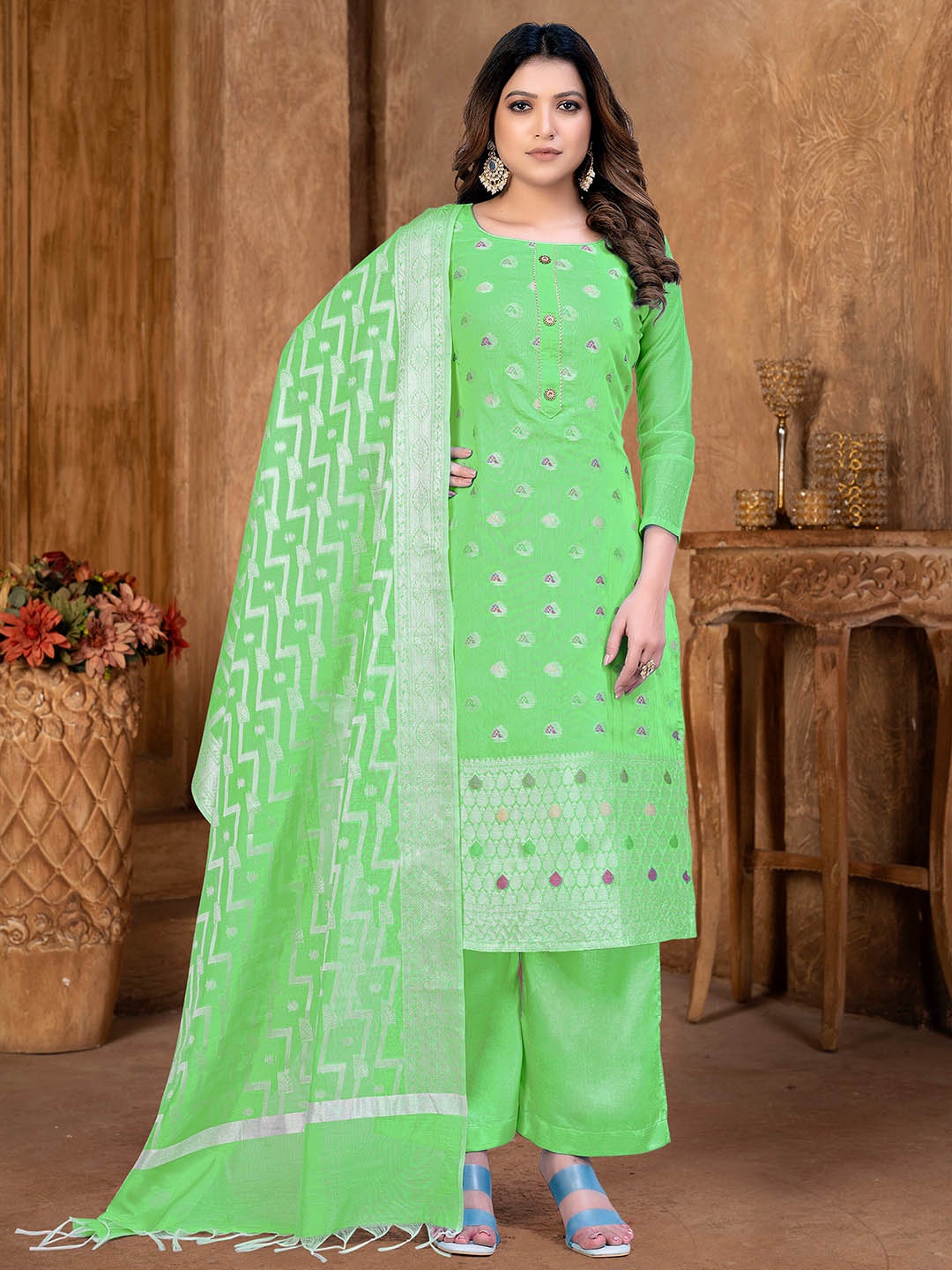 

KALINI Ethnic Motifs Woven Design Zari Unstitched Dress Material, Green