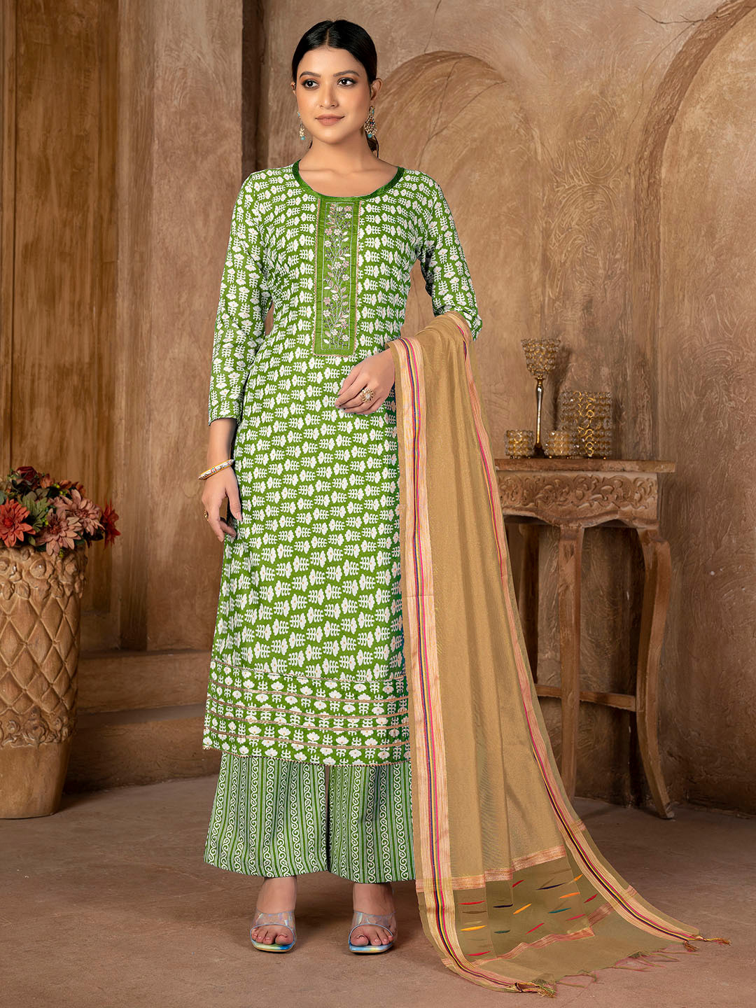 

KALINI Ethnic Motifs Printed Gotta Patti Pure Cotton Unstitched Dress Material, Green