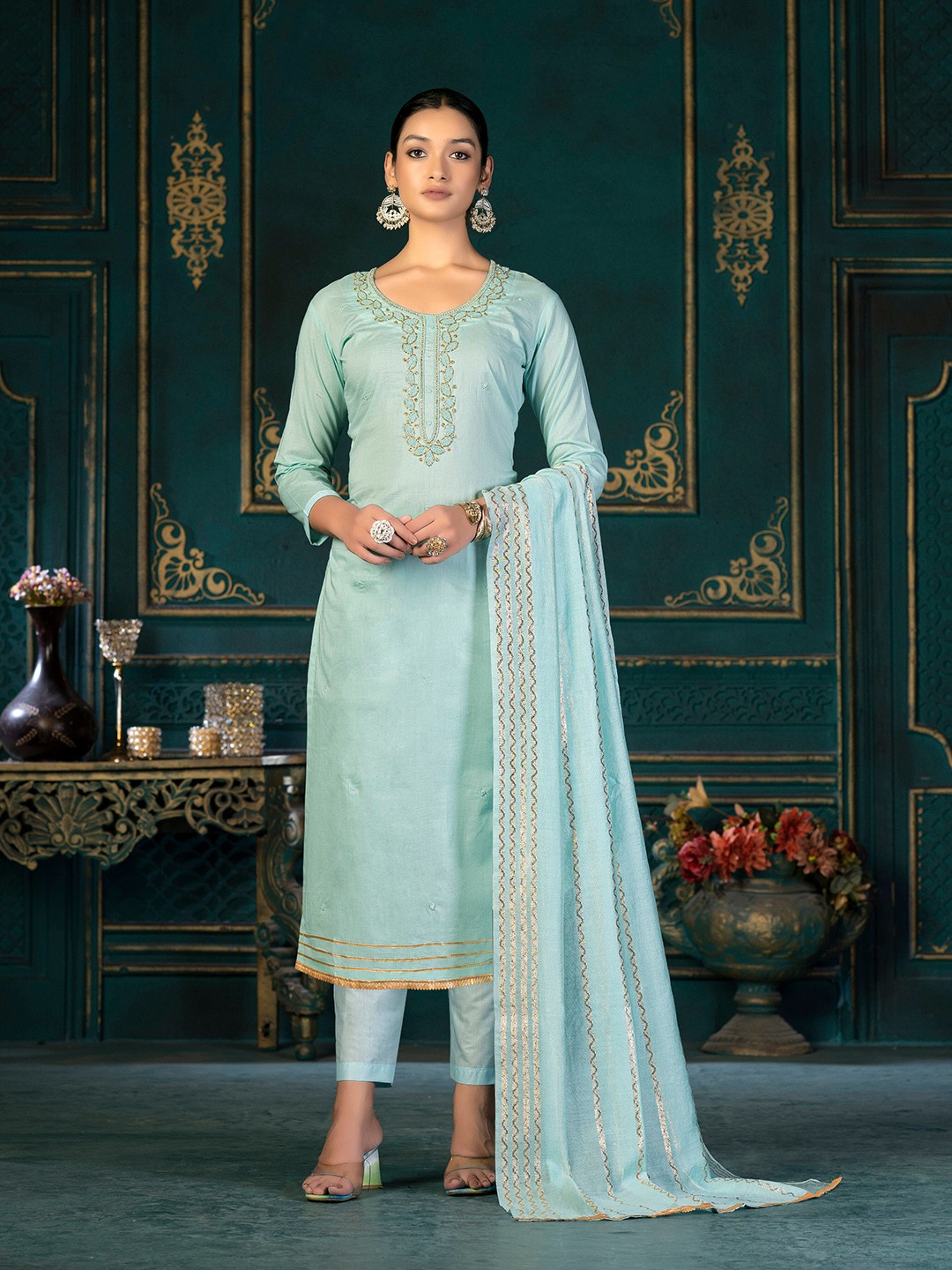 

KALINI Ethnic Motifs Embroidered Beads Detail Unstitched Dress Material, Sea green