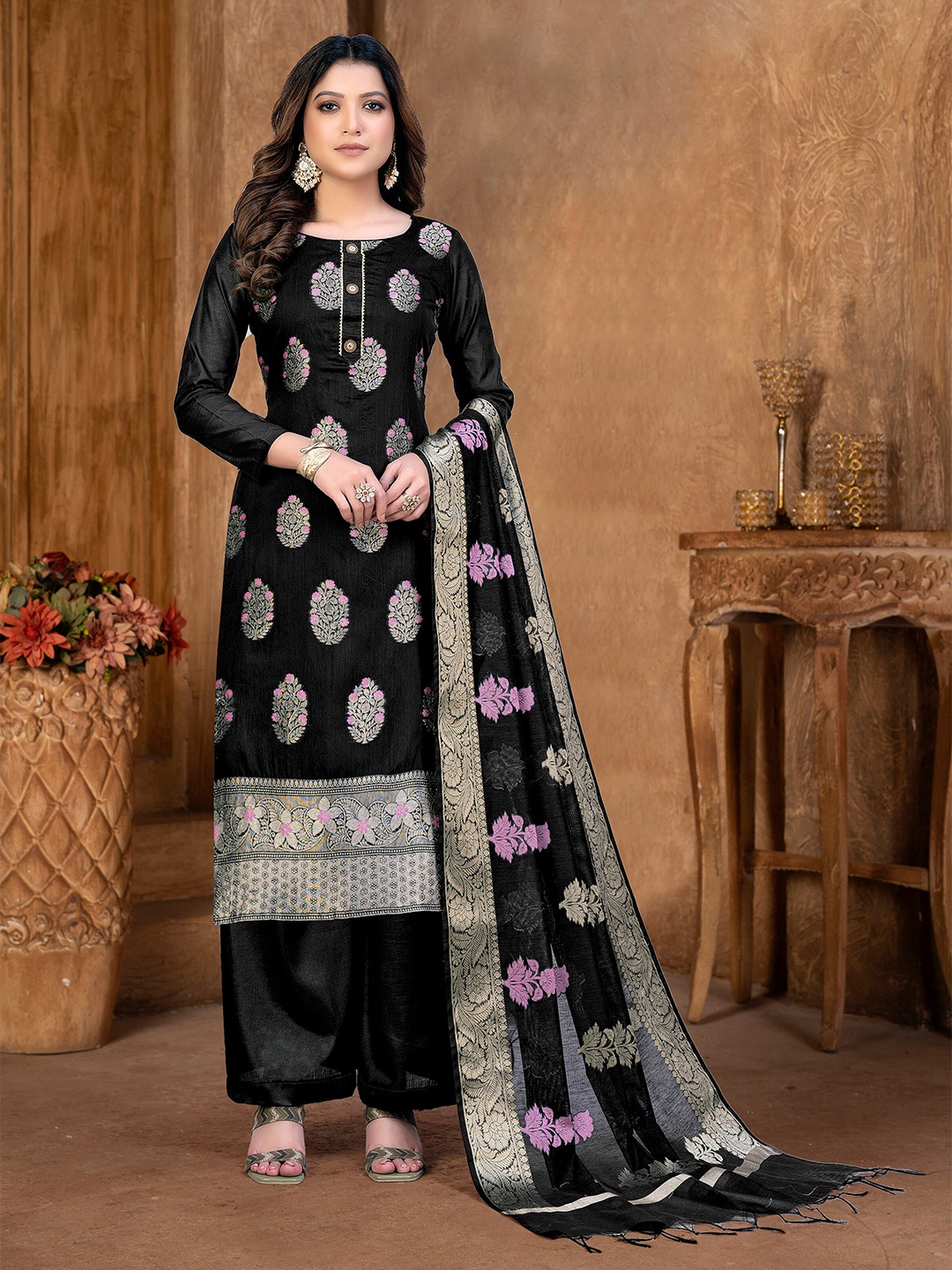 

KALINI Black & Black Unstitched Dress Material