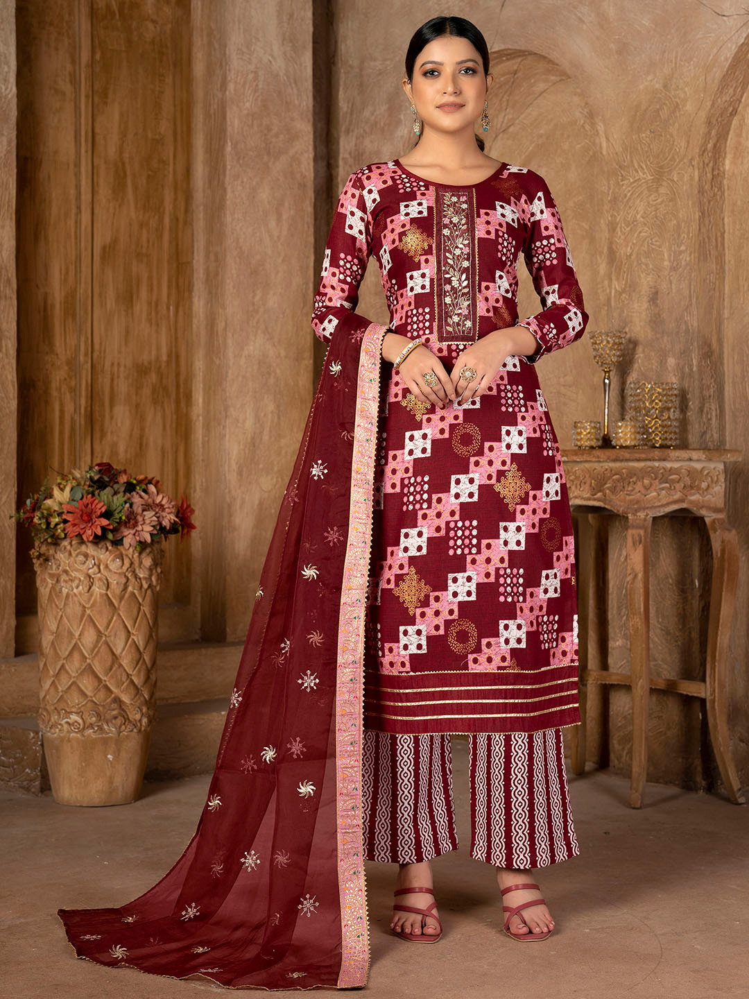 

KALINI Maroon & Maroon Embroidered Pure Cotton Unstitched Dress Material
