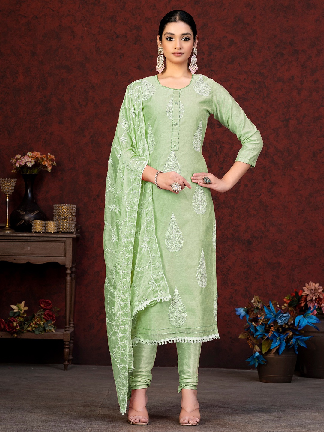 

KALINI Floral Embroidered Gotta Patti Unstitched Dress Material, Green