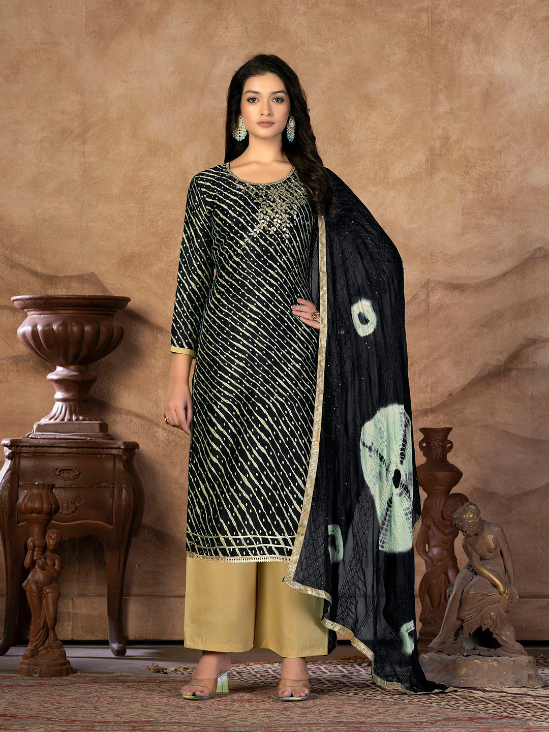

KALINI Leheriya Printed Beads and Stones Unstitched Dress Material, Black