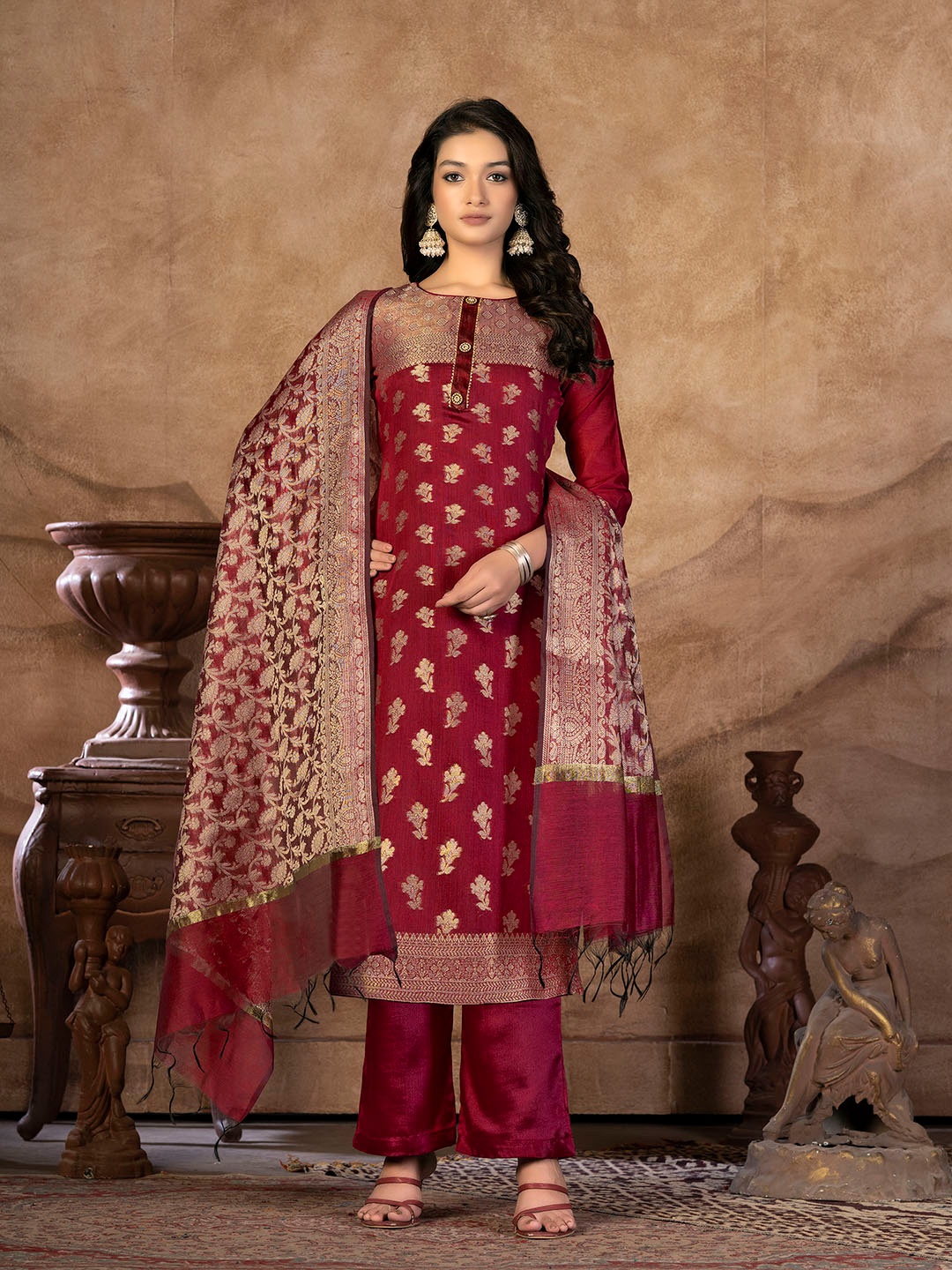 

KALINI Ethnic Motifs Woven Design Banarasi Jacquard Unstitched Dress Material, Red