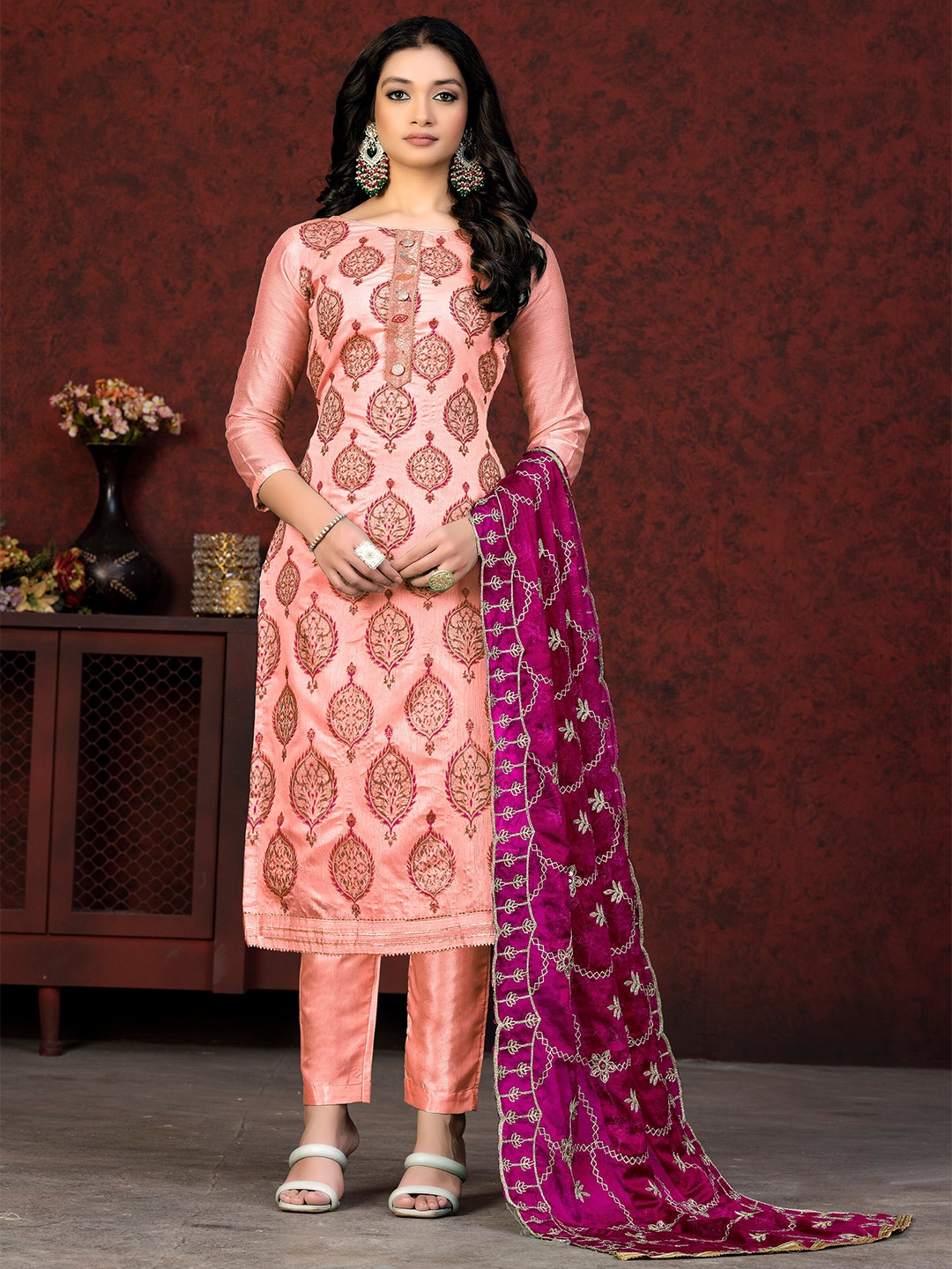 

KALINI Pink & Pink Embroidered Unstitched Dress Material
