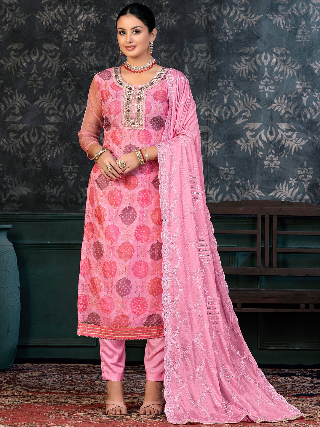

KALINI Ethnic Motifs Printed Beads Detail Organza Unstitched Dress Material, Pink