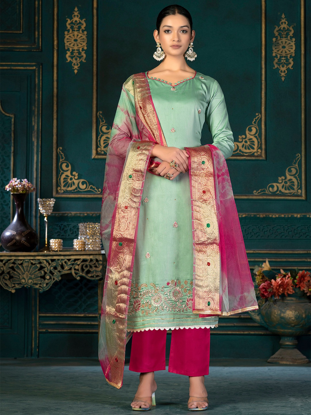 

KALINI Sea Green & Pink Embroidered Pure Cotton Unstitched Dress Material