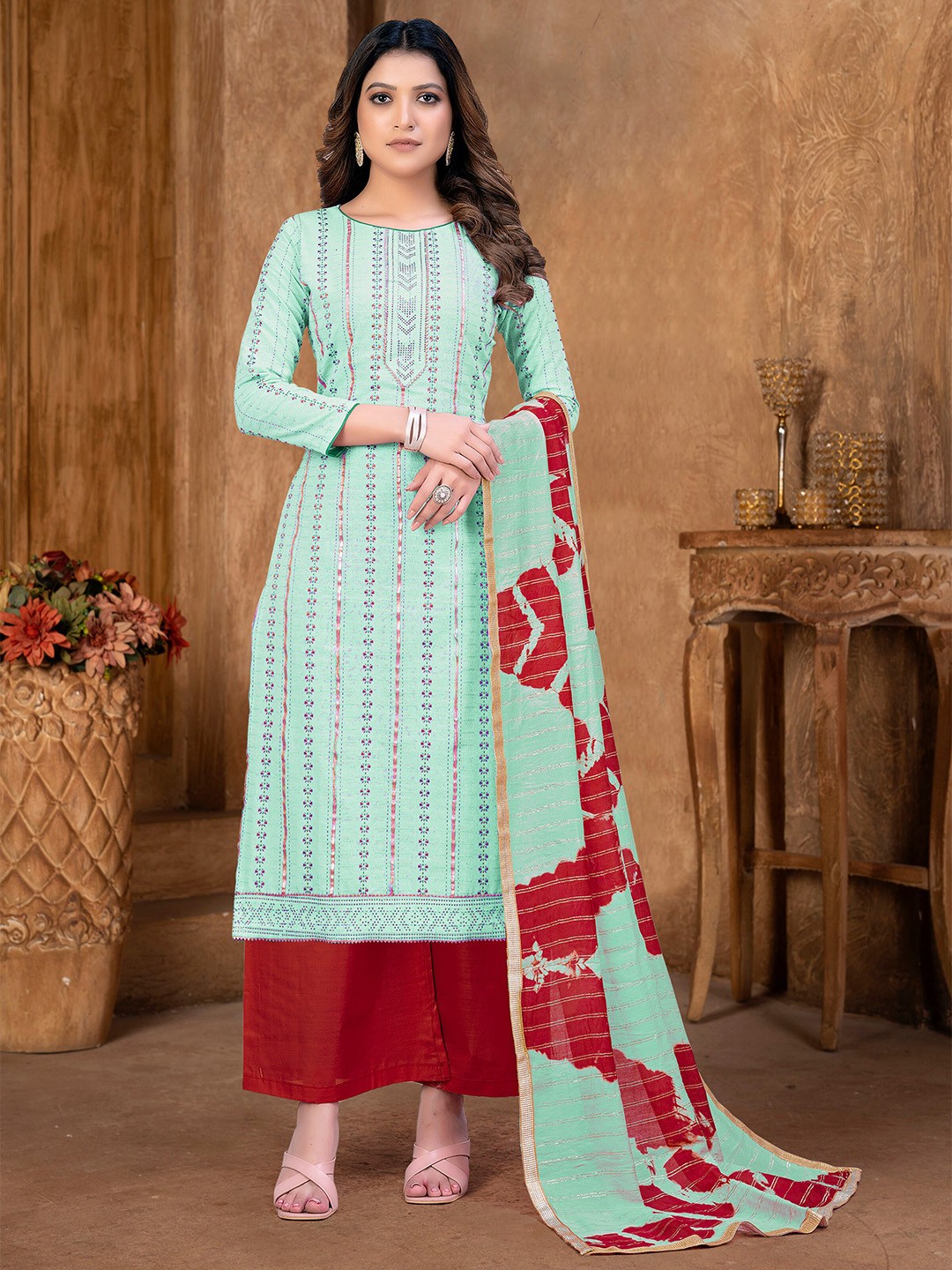 

KALINI Sea Green & Red Embroidered Unstitched Dress Material