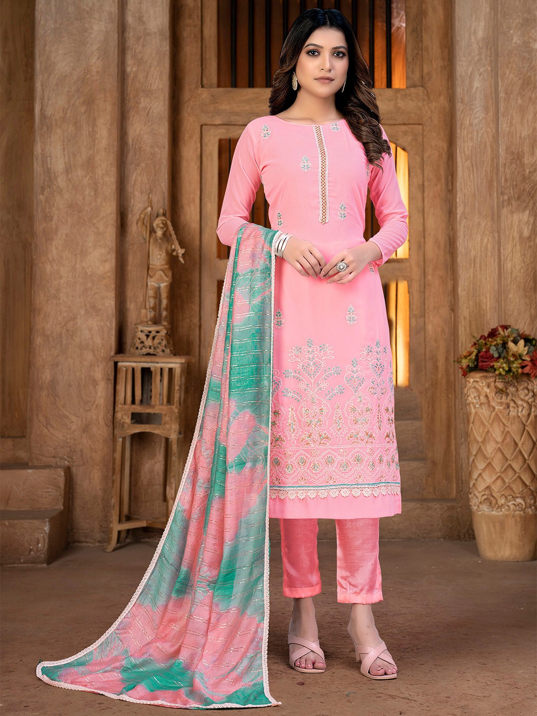 

KALINI Floral Embroidered Sequinned Unstitched Dress Material, Pink