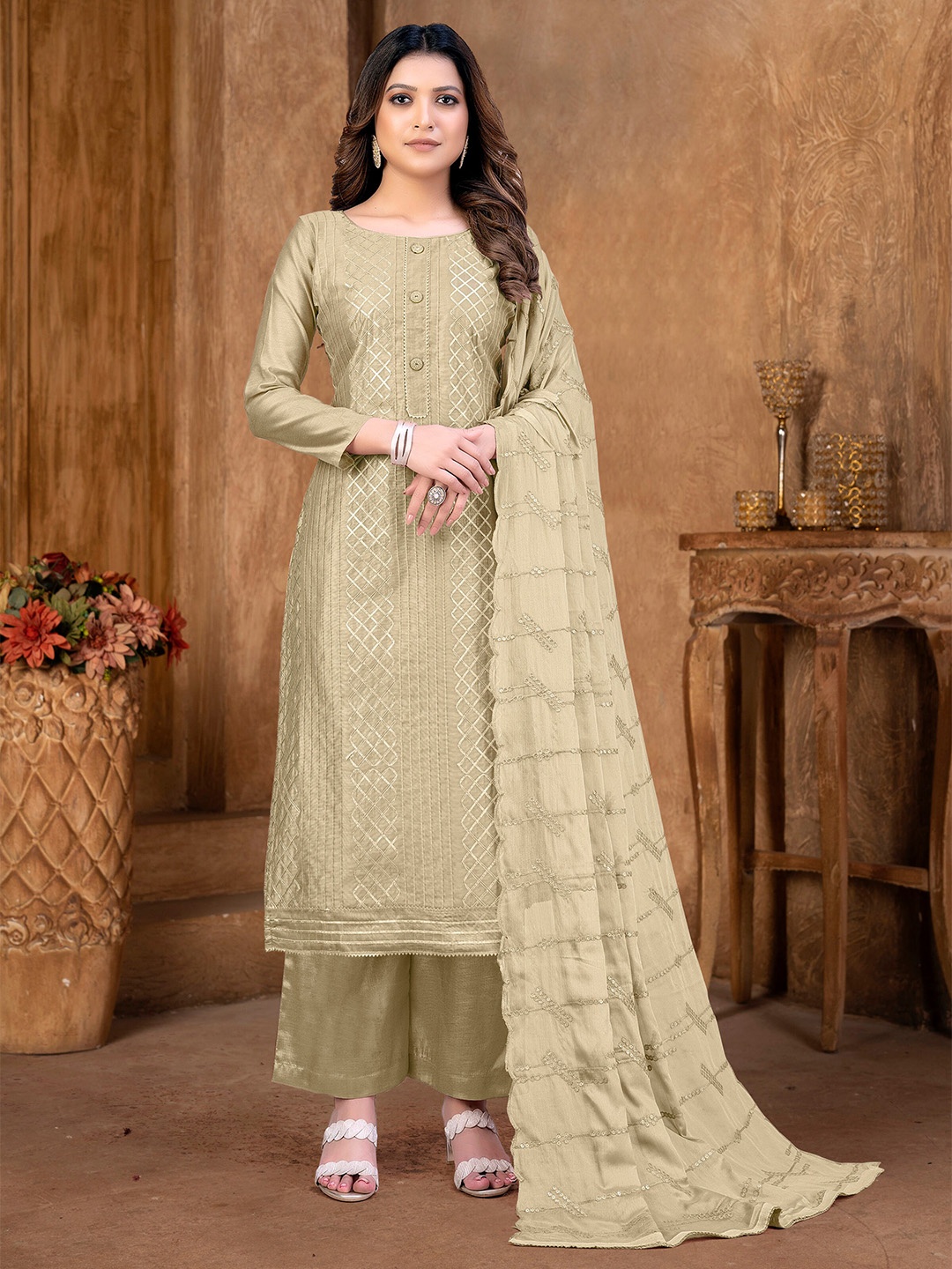 

KALINI Geometric Embroidered Sequinned Unstitched Dress Material, Beige