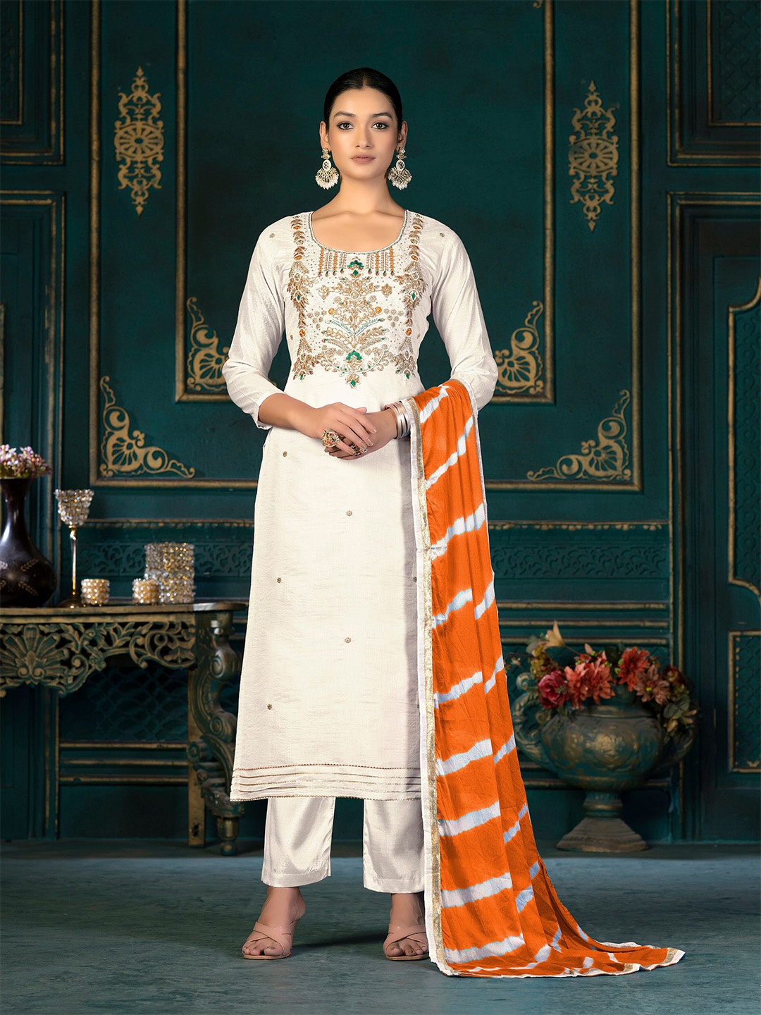 

KALINI Off White & Off White Embroidered Unstitched Dress Material