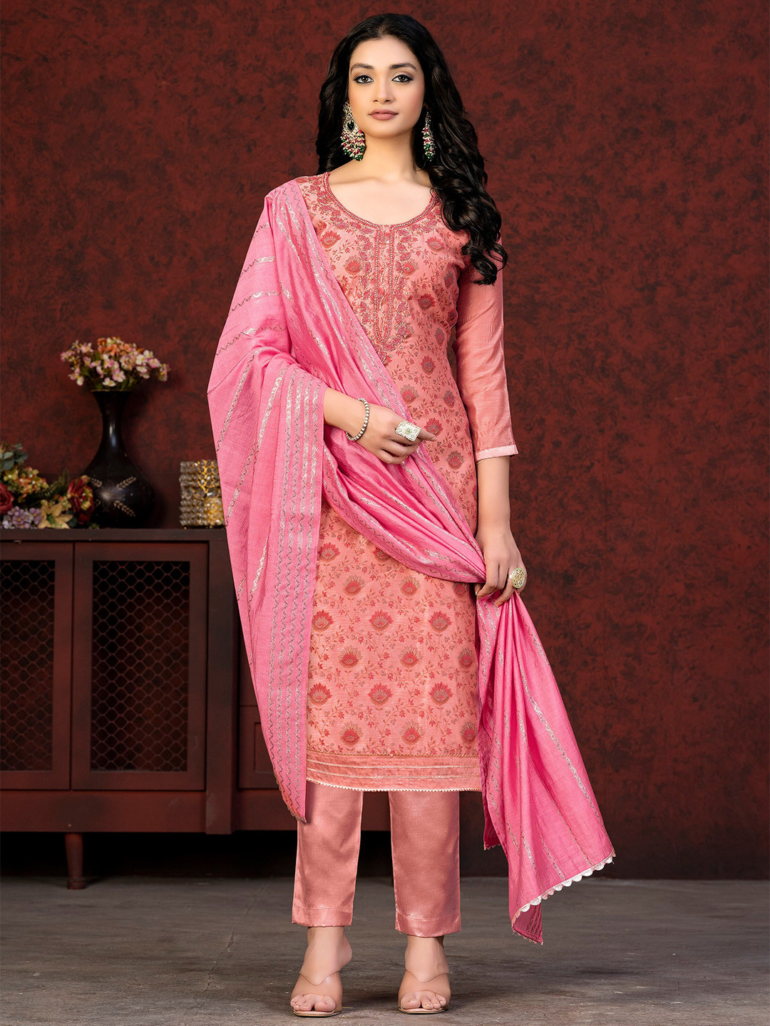 

KALINI Floral Printed Beads and Stones Unstitched Dress Material, Pink