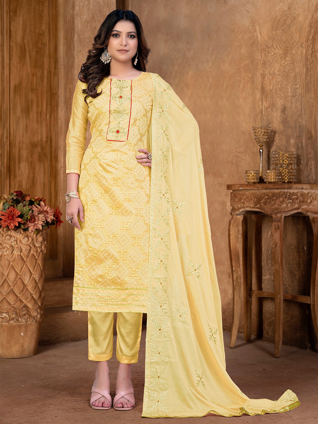

KALINI Bandhani Printed Gotta Patti Unstitched Dress Material, Yellow