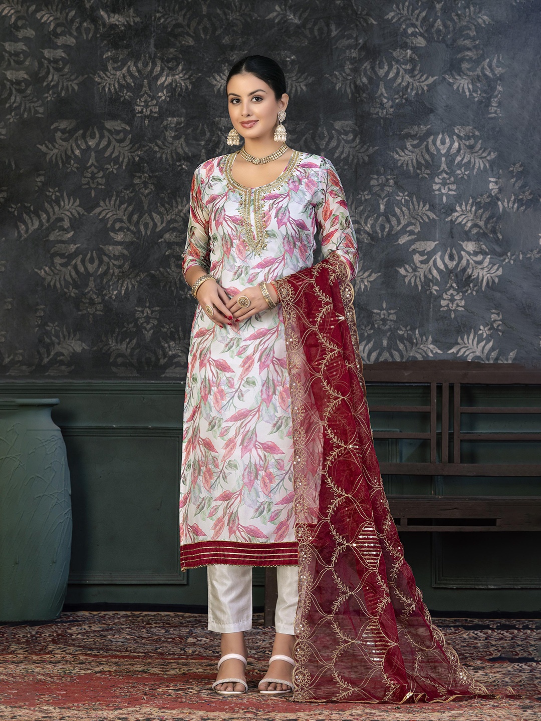 

KALINI Floral Printed Sequined Beads & Stones Organza Unstitched Dress Material, White