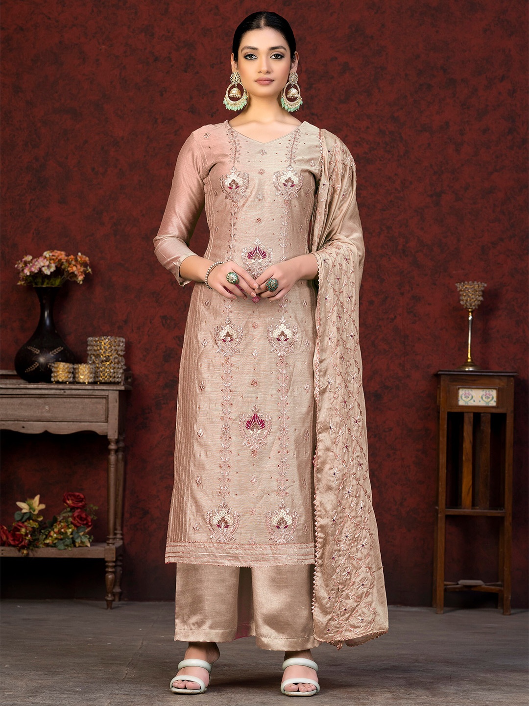 

KALINI Pink & Rust Embroidered Unstitched Dress Material