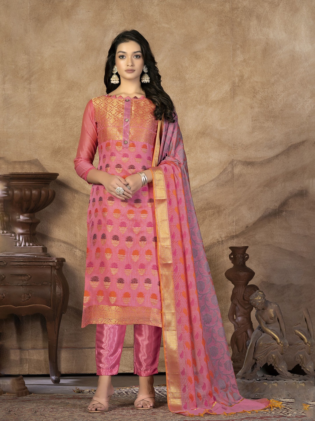 

KALINI Ethnic Motifs Woven Design Banarasi Jacquard Unstitched Dress Material, Pink