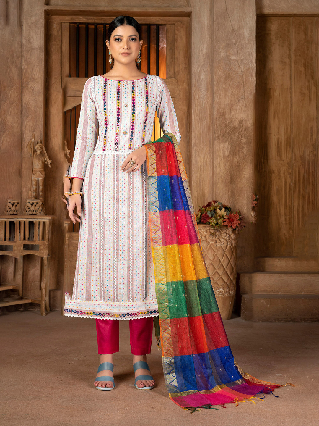 

KALINI Striped Mirror Work Unstitched Dress Material, White