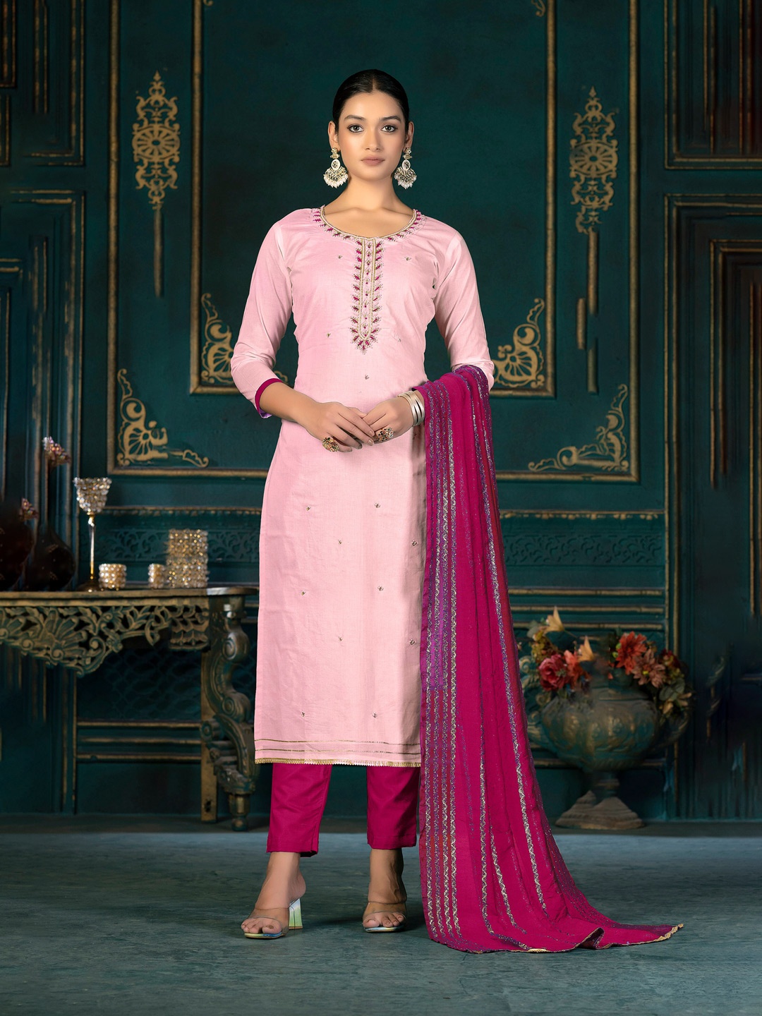 

KALINI Ethnic Motifs Embroidered Beads and Stones Unstitched Dress Material, Pink