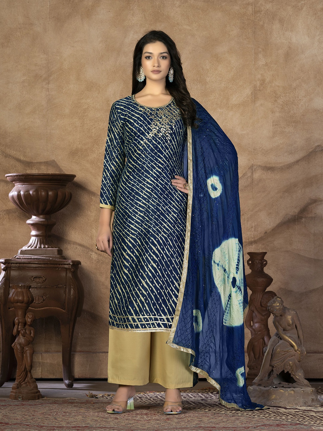 

KALINI Leheriya Printed Beads and Stones Unstitched Dress Material, Navy blue