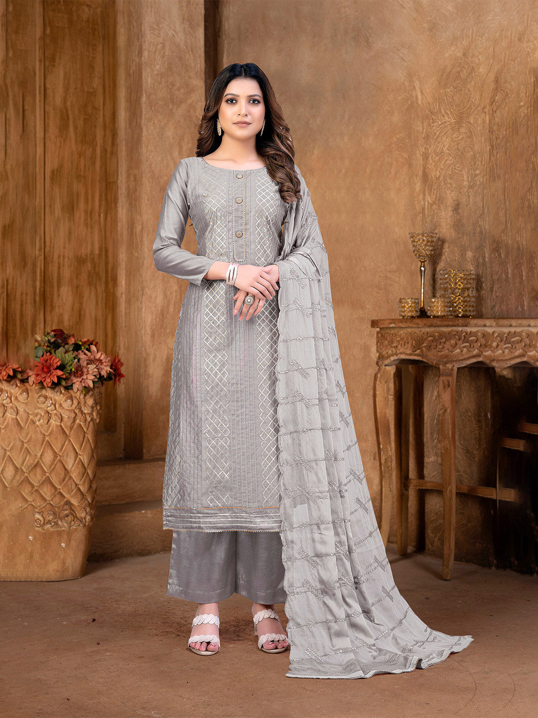 

KALINI Geometric Embroidered Sequinned Unstitched Dress Material, Grey
