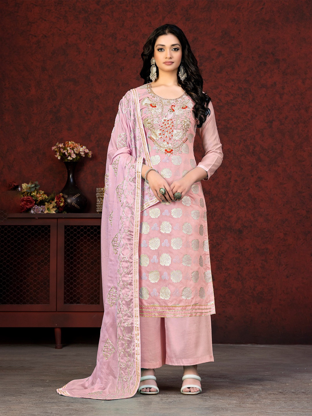 

KALINI Floral Woven Design Beads and Stones Unstitched Dress Material, Peach