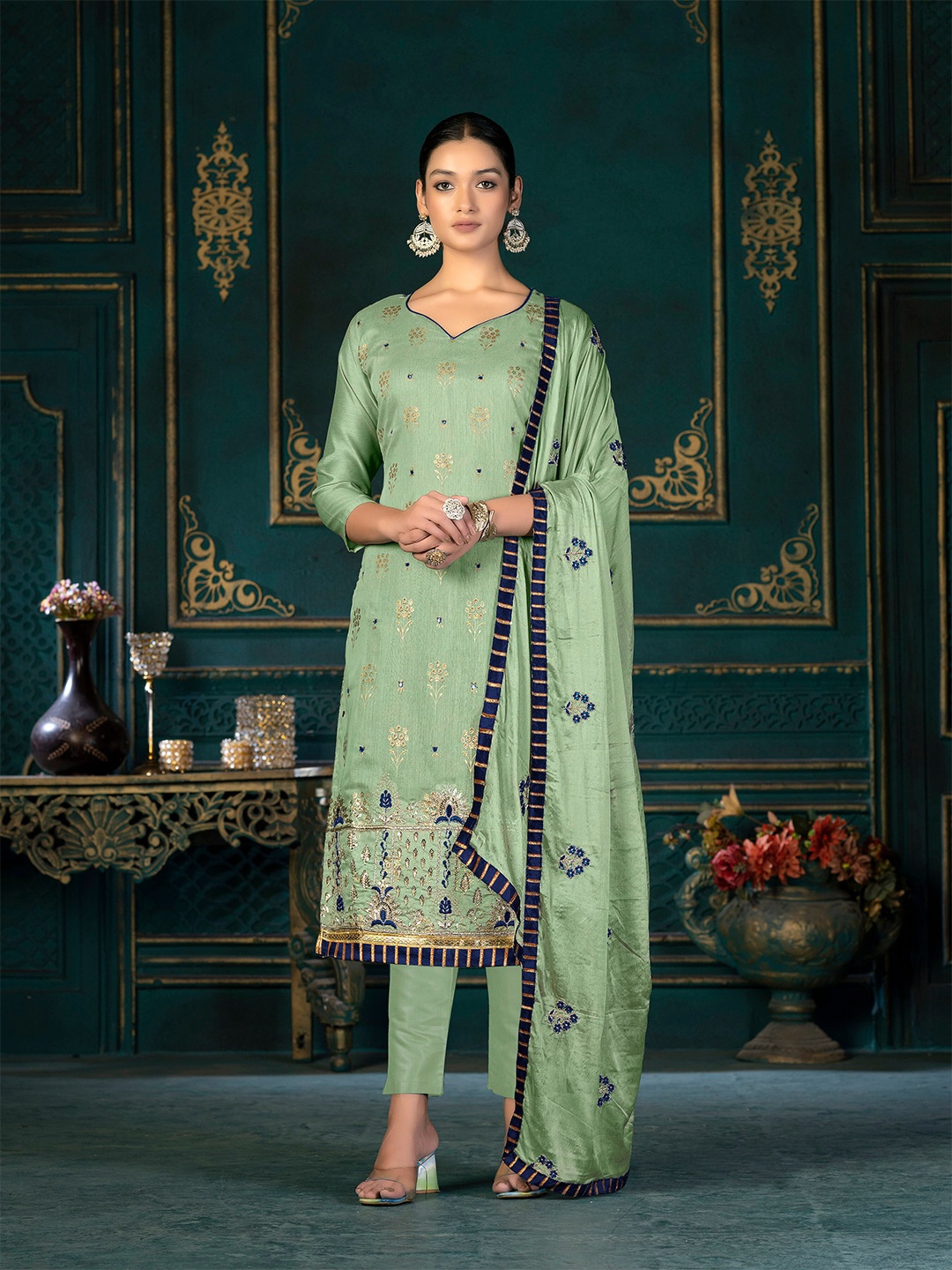 

KALINI Ethnic Motifs Embroidered Unstitched Dress Material, Olive