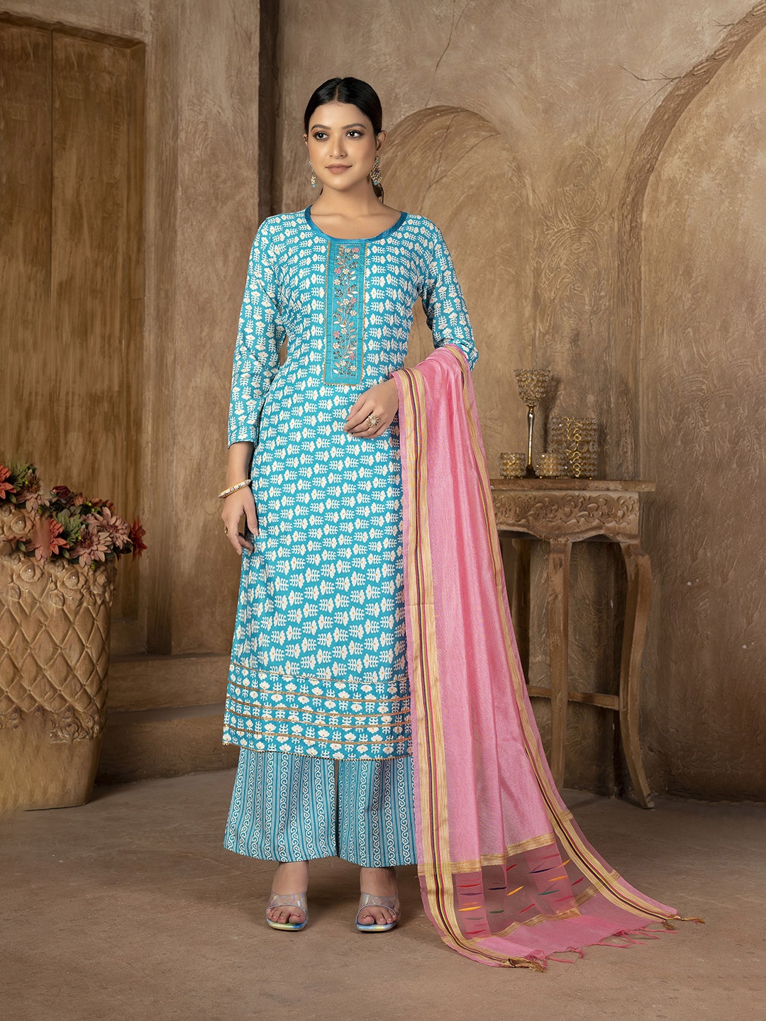

KALINI Teal & Blue Embroidered Pure Cotton Unstitched Dress Material