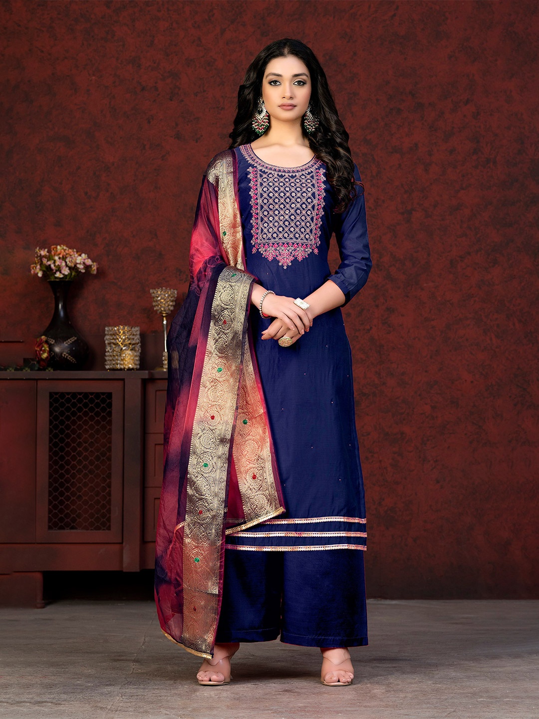 

KALINI Ethnic Motifs Embroidered Unstitched Dress Material, Blue