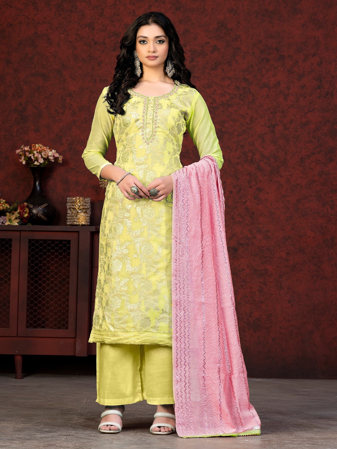 

KALINI Floral Woven Design Beads and Stones Detail Unstitched Dress Material, Yellow