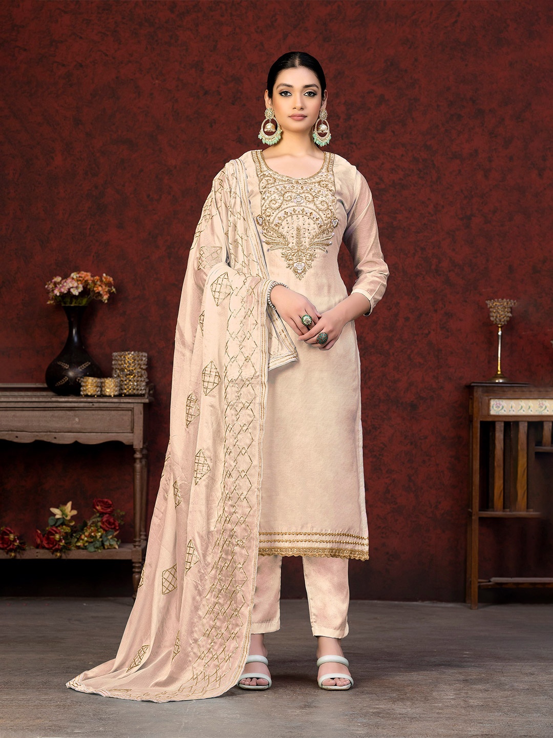 

KALINI Beige & Beige Embroidered Unstitched Dress Material