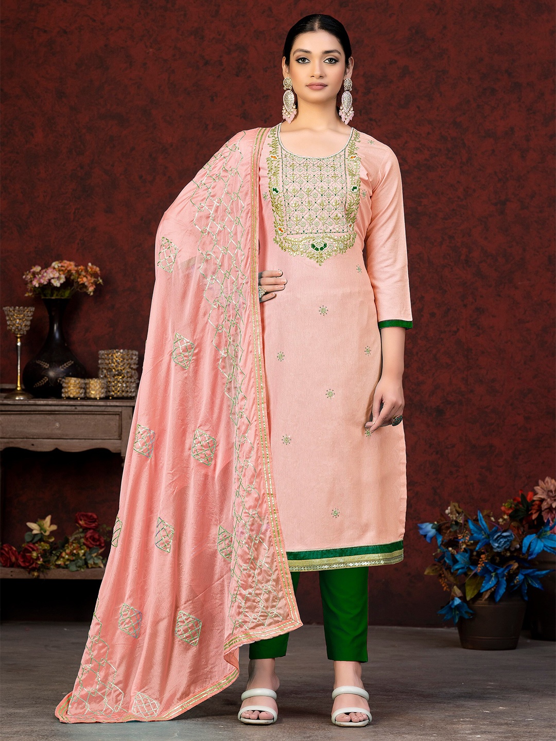 

KALINI Ethnic Motifs Embroidered Beads and Stones Detail Unstitched Dress Material, Peach