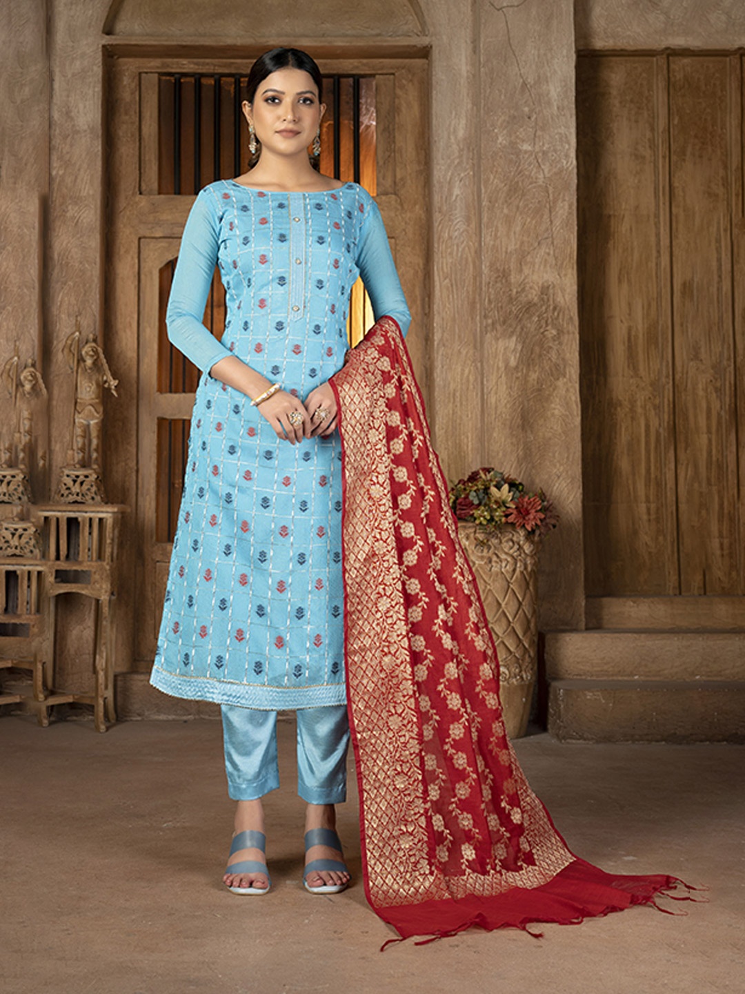 

KALINI Ethnic Motifs Woven Design Gotta Patti Detail Unstitched Dress Material, Teal