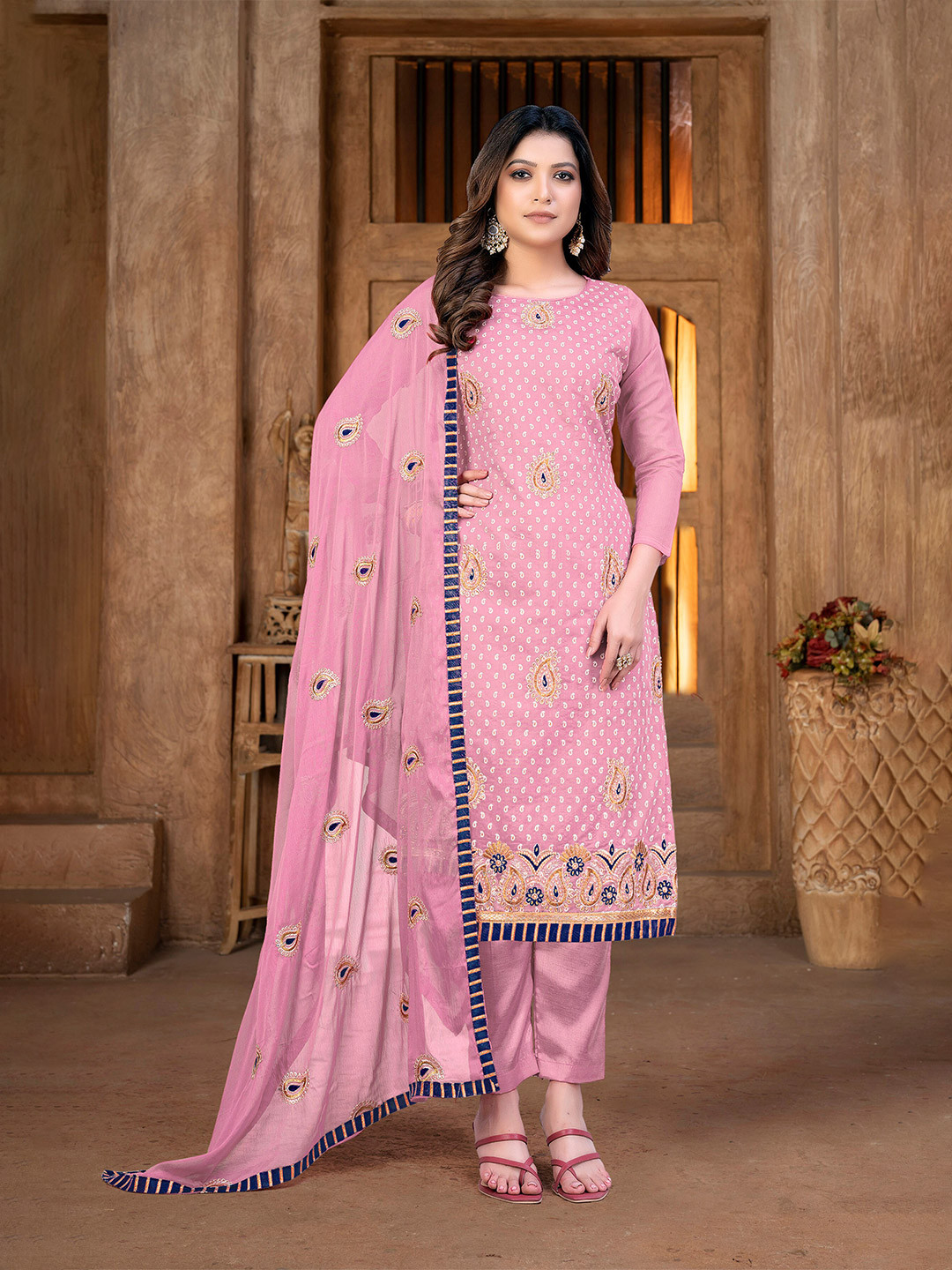 

KALINI Ethnic Motifs Embroidered Beads & Stones Detail Unstitched Dress Material, Pink