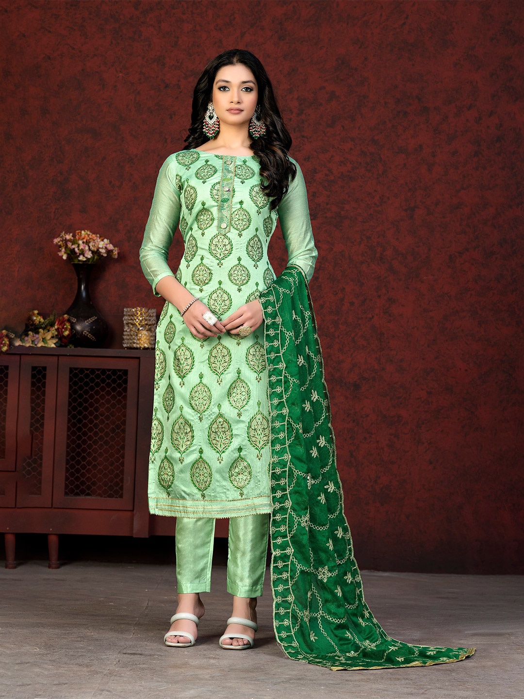 

KALINI Ethnic Motifs Printed Gotta Patti Unstitched Dress Material, Green
