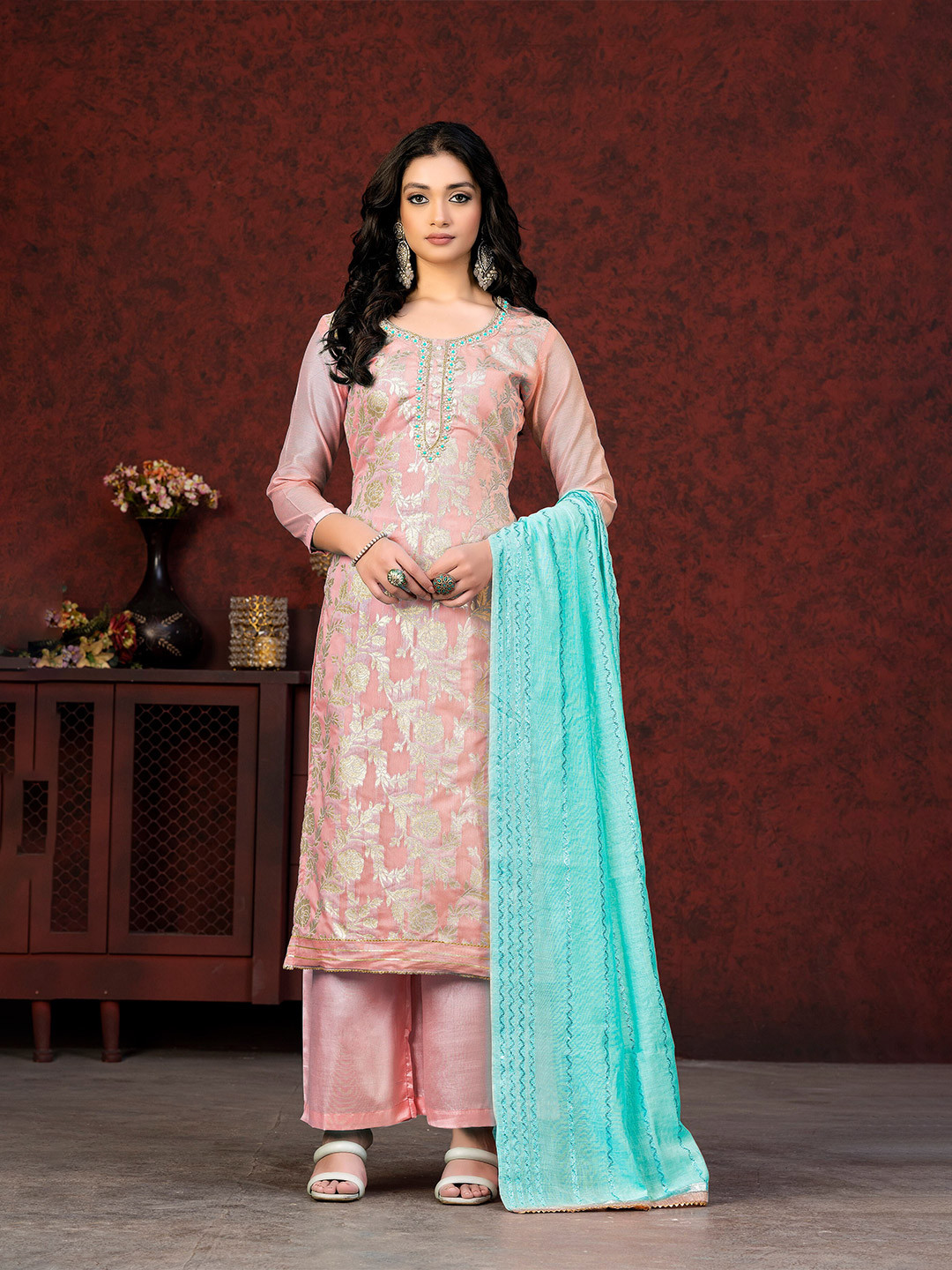 

KALINI Ethnic Motifs Woven Design Beads & Stones Jacquard Unstitched Dress Material, Peach