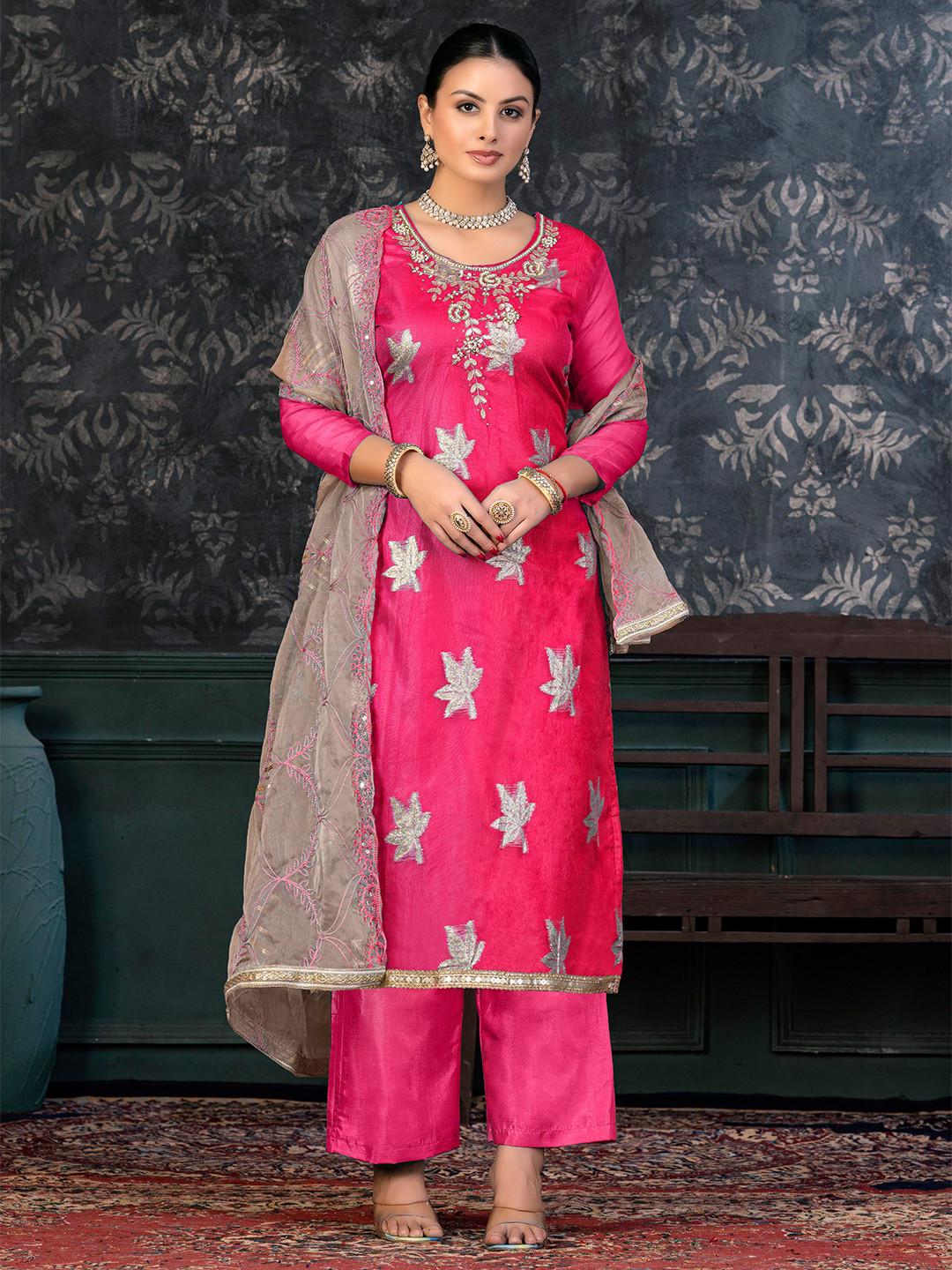 

KALINI Ethnic Motifs Woven Design Sequinned Detailed Organza Unstitched Dress Material, Pink