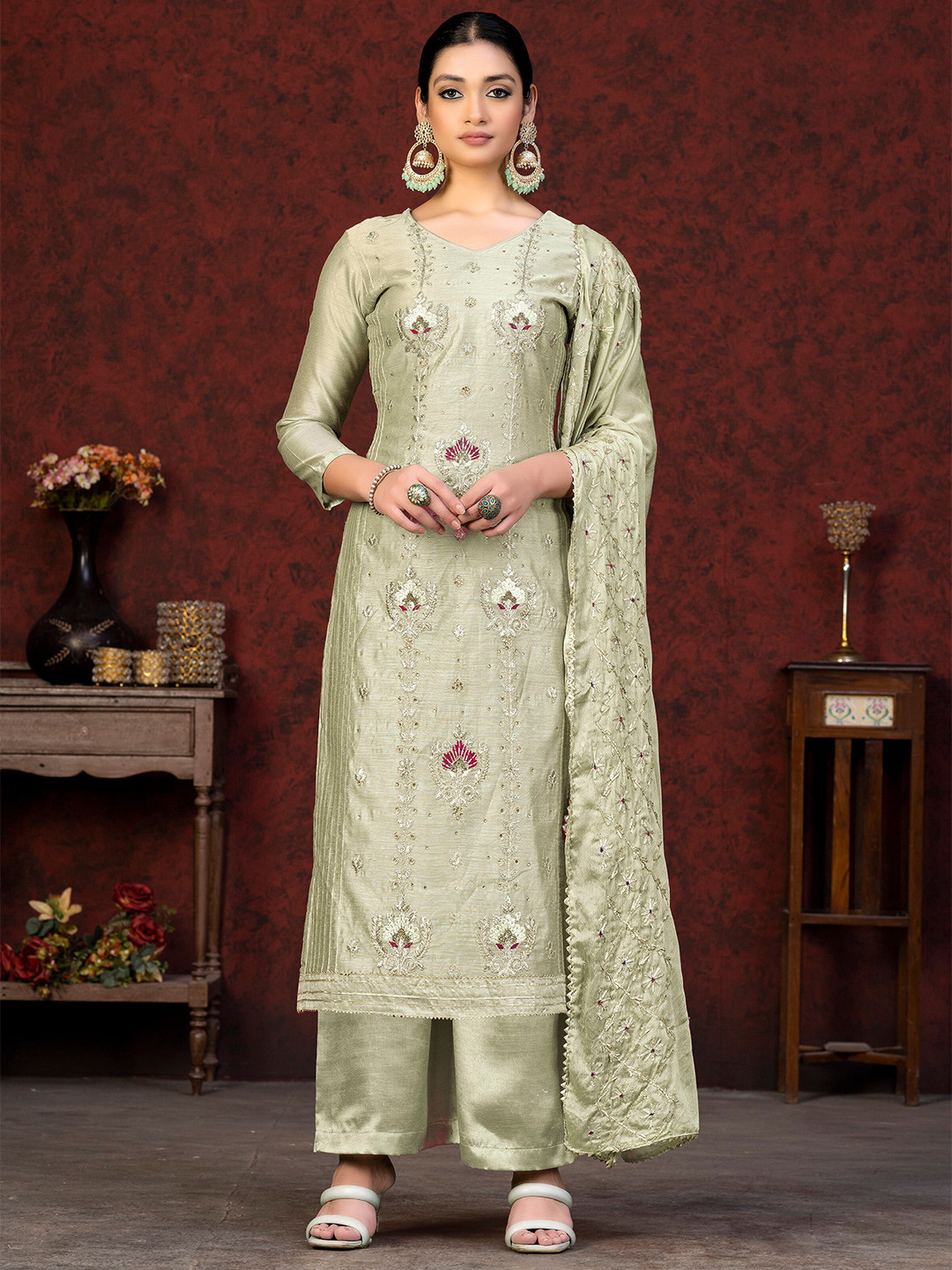 

KALINI Ethnic Motifs Embroidered Beads & Stones Embroidered Unstitched Dress Material, Grey
