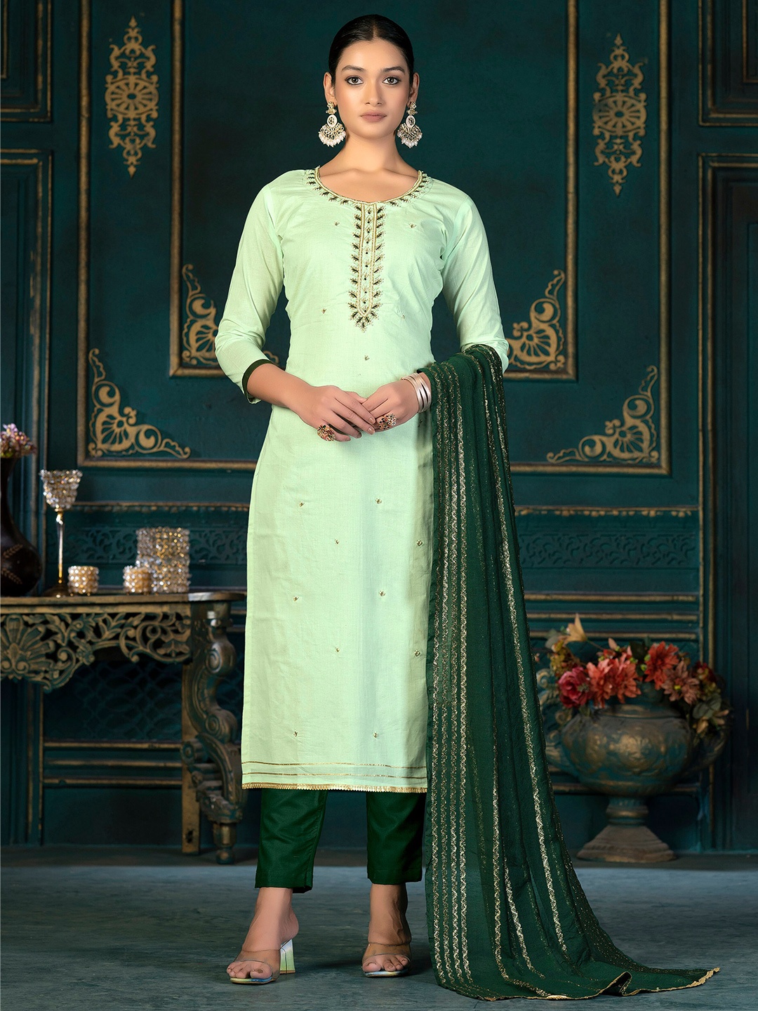 

KALINI Ethnic Motifs Embroidered Beads & Stones Detailed Unstitched Dress Material, Sea green