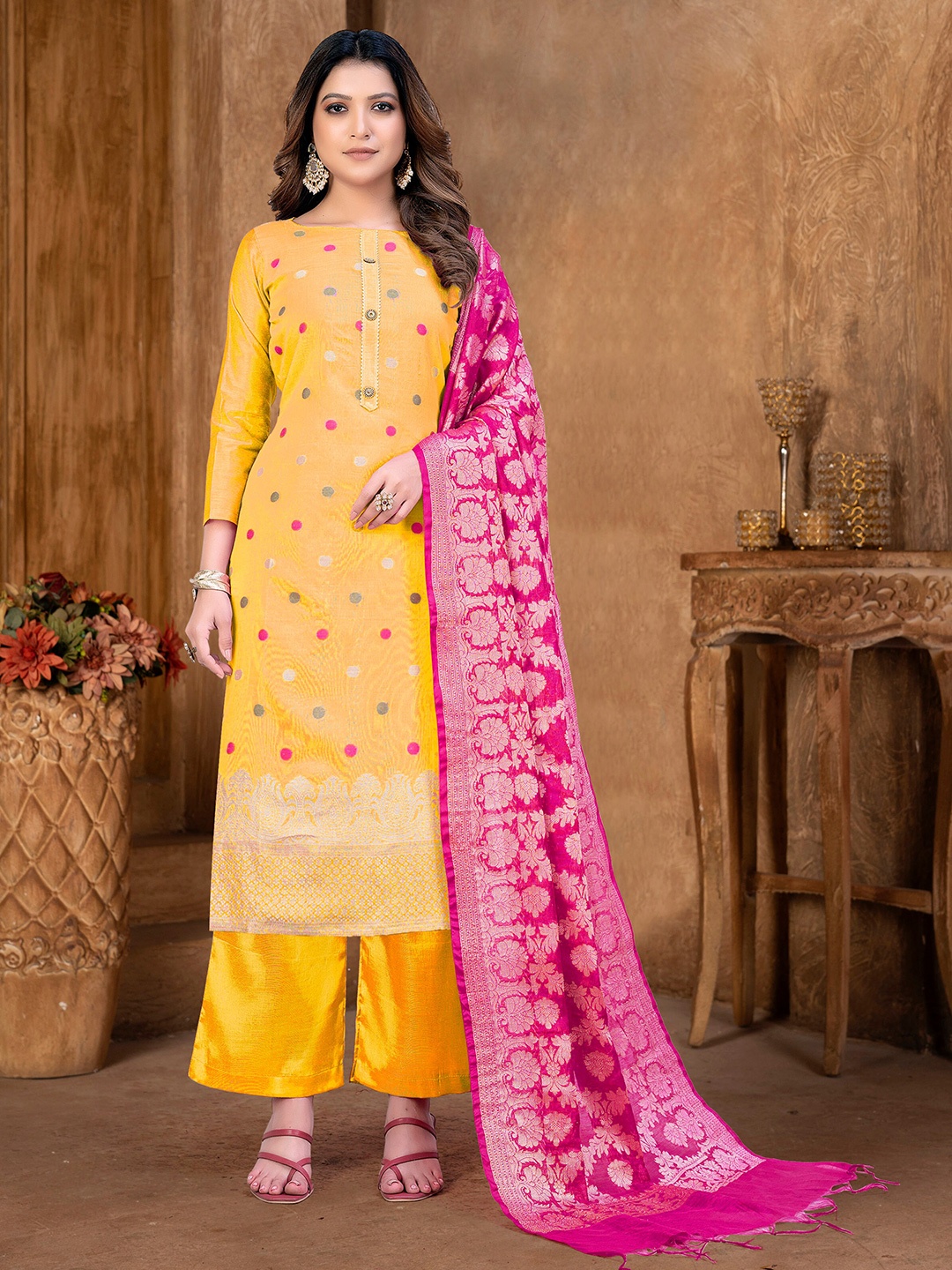 

KALINI Ethnic Motifs Woven Design Gotta Patti Detailed Unstitched Dress Material, Yellow