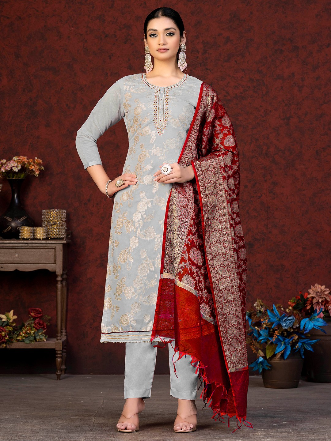 

KALINI Floral Woven Design Beads & Stones Detailed Jacquard Unstitched Dress Material, Grey