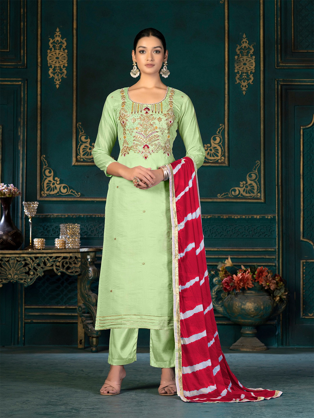 

KALINI Ethnic Motifs Embroidered Gotta Patti Unstitched Dress Material, Green