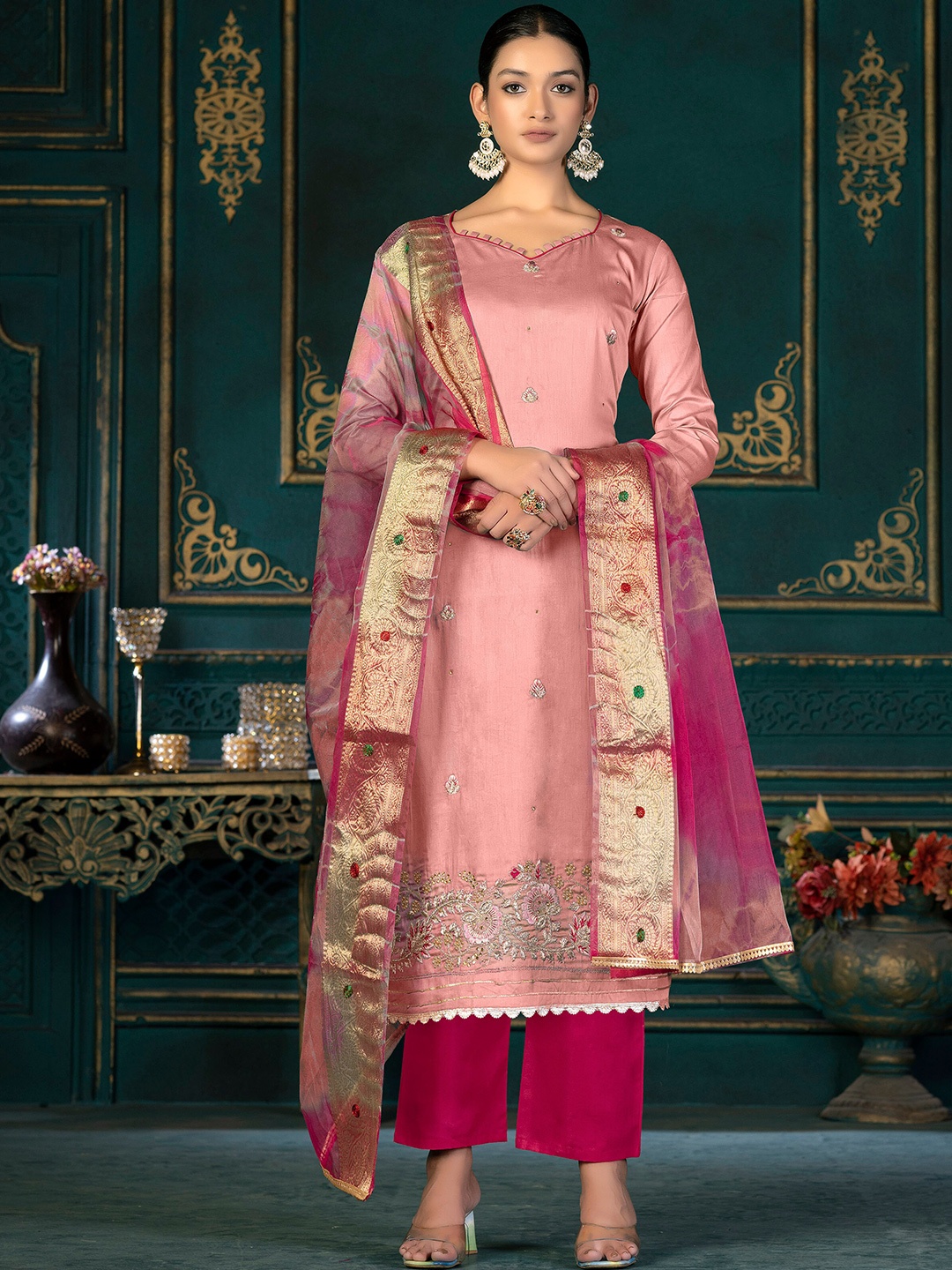 

KALINI Ethnic Motifs Embroidered Pure Cotton Unstitched Dress Material, Peach