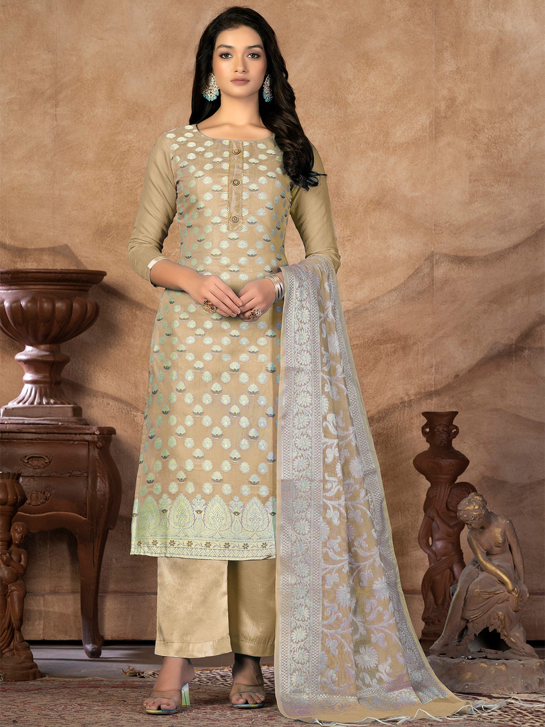 

KALINI Ethnic Motifs Woven Design Banarasi Jacquard Unstitched Dress Material, Beige