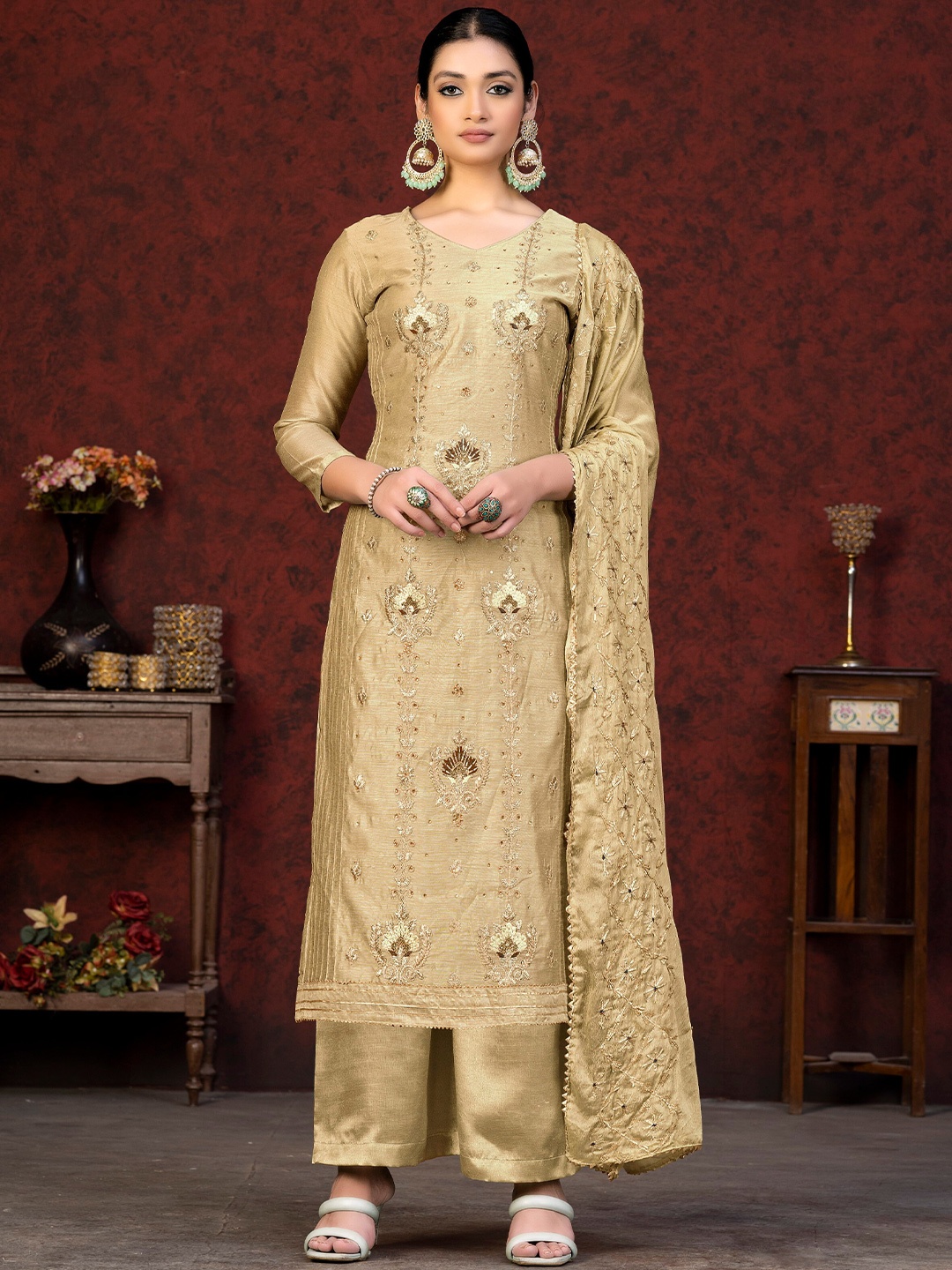 

KALINI Ethnic Motifs Embroidered Beads & Stones Embroidered Unstitched Dress Material, Beige