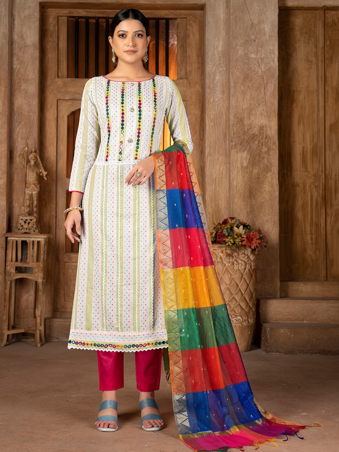 

KALINI Geometric Printed Mirror Work Detailed Unstitched Dress Material, White