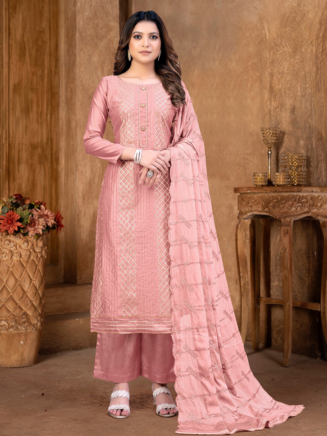 

KALINI Geometric Embroidered Unstitched Dress Material, Pink